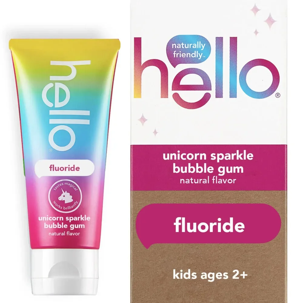 2 PACK + Gift Hello Kids Fluoride Toothpaste, Vegan, Unicorn Sparkle Bubble Gum